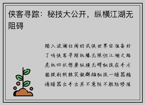 侠客寻踪：秘技大公开，纵横江湖无阻碍